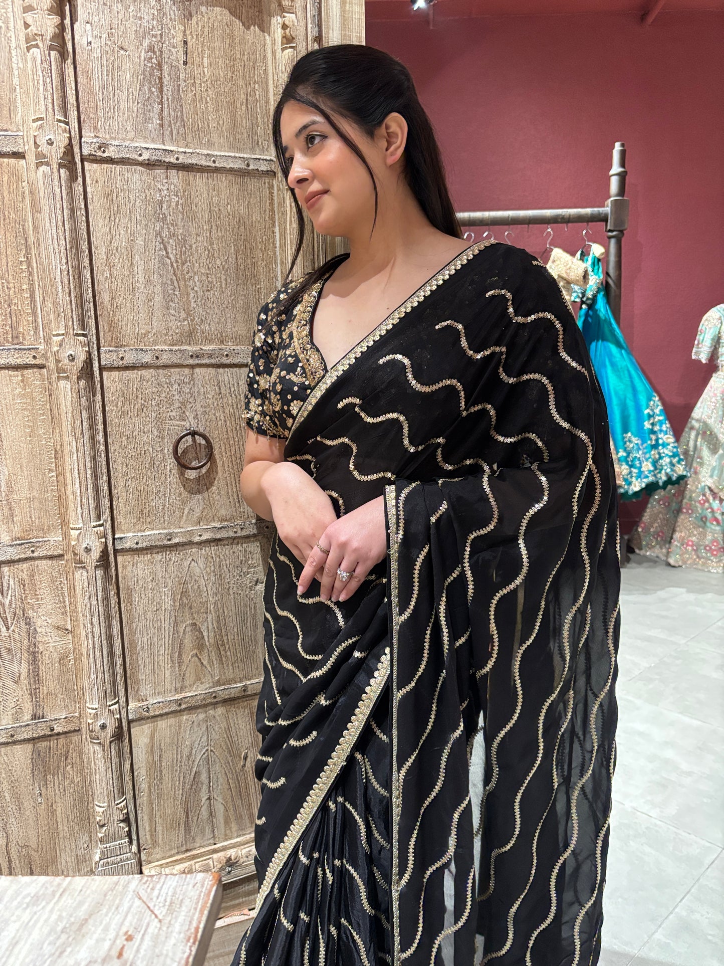 Black Saree with Gold Wave Embroidery & Designer Blouse