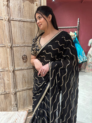 Black Saree with Gold Wave Embroidery & Designer Blouse