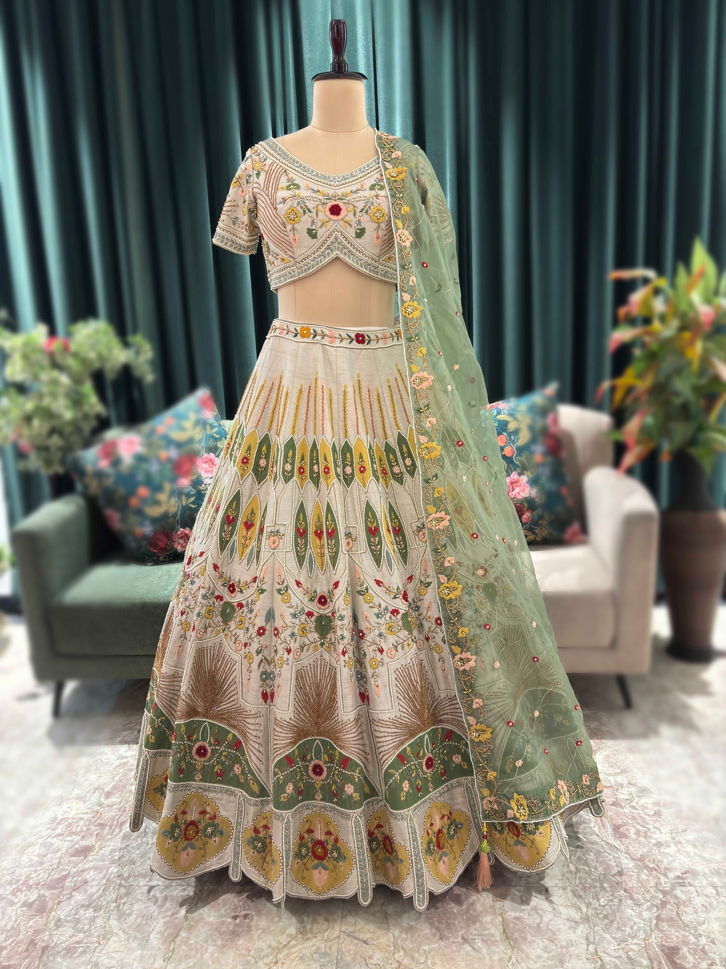 Ivory Multicolor Embroidered Lehenga with Mint Green Organza Dupatta