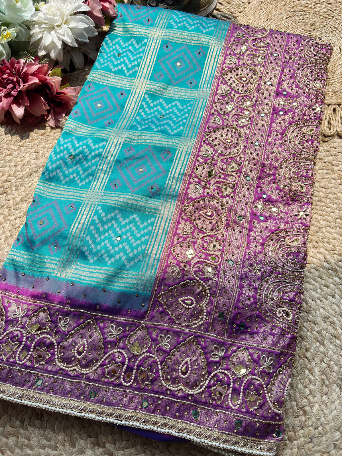 Turquoise Patola Saree with Purple Embellished Paisley Border