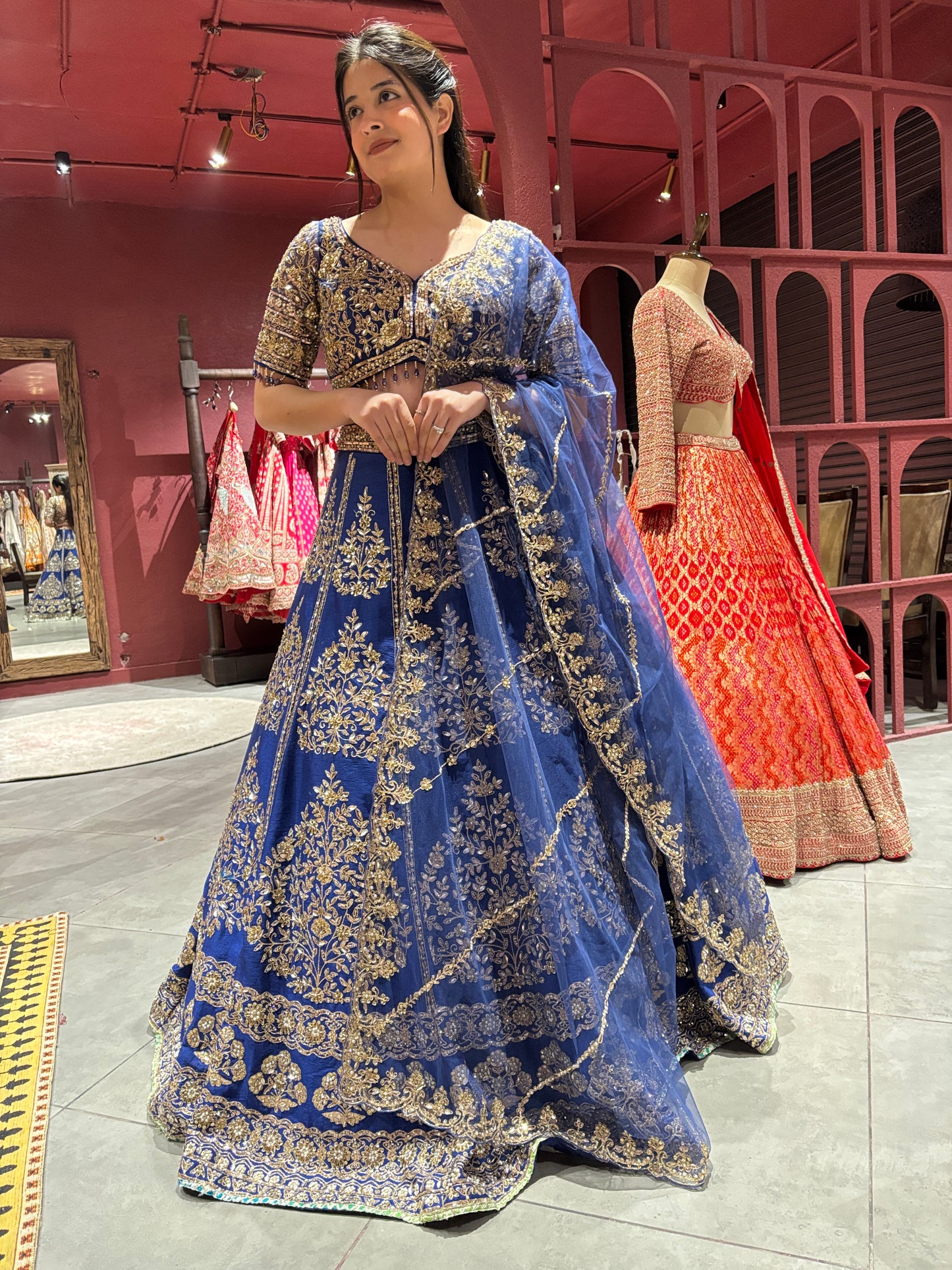 Royal Blue & Gold Embroidered Party Wear Lehenga with Net Dupatta