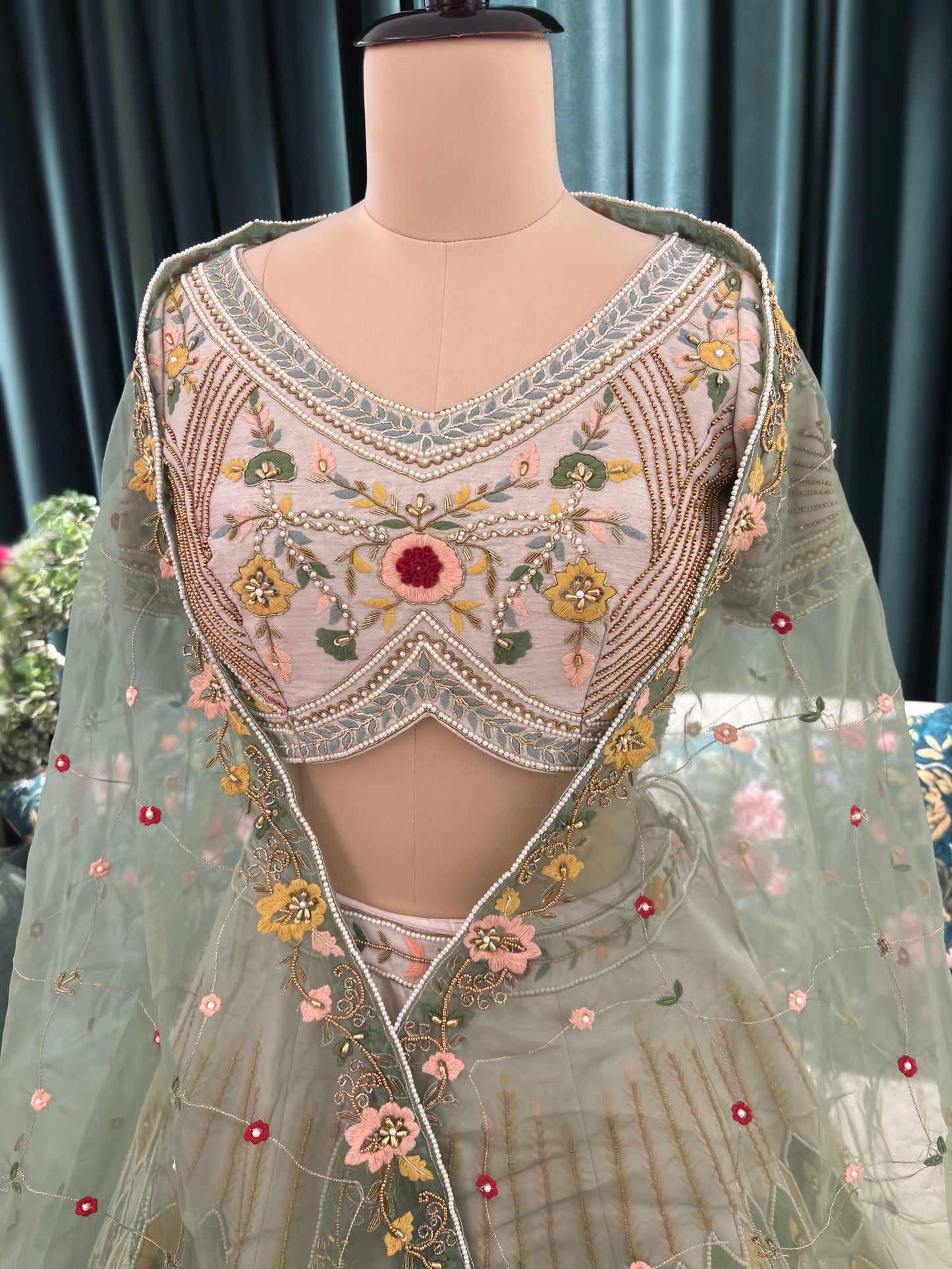 Ivory Multicolor Embroidered Lehenga with Mint Green Organza Dupatta