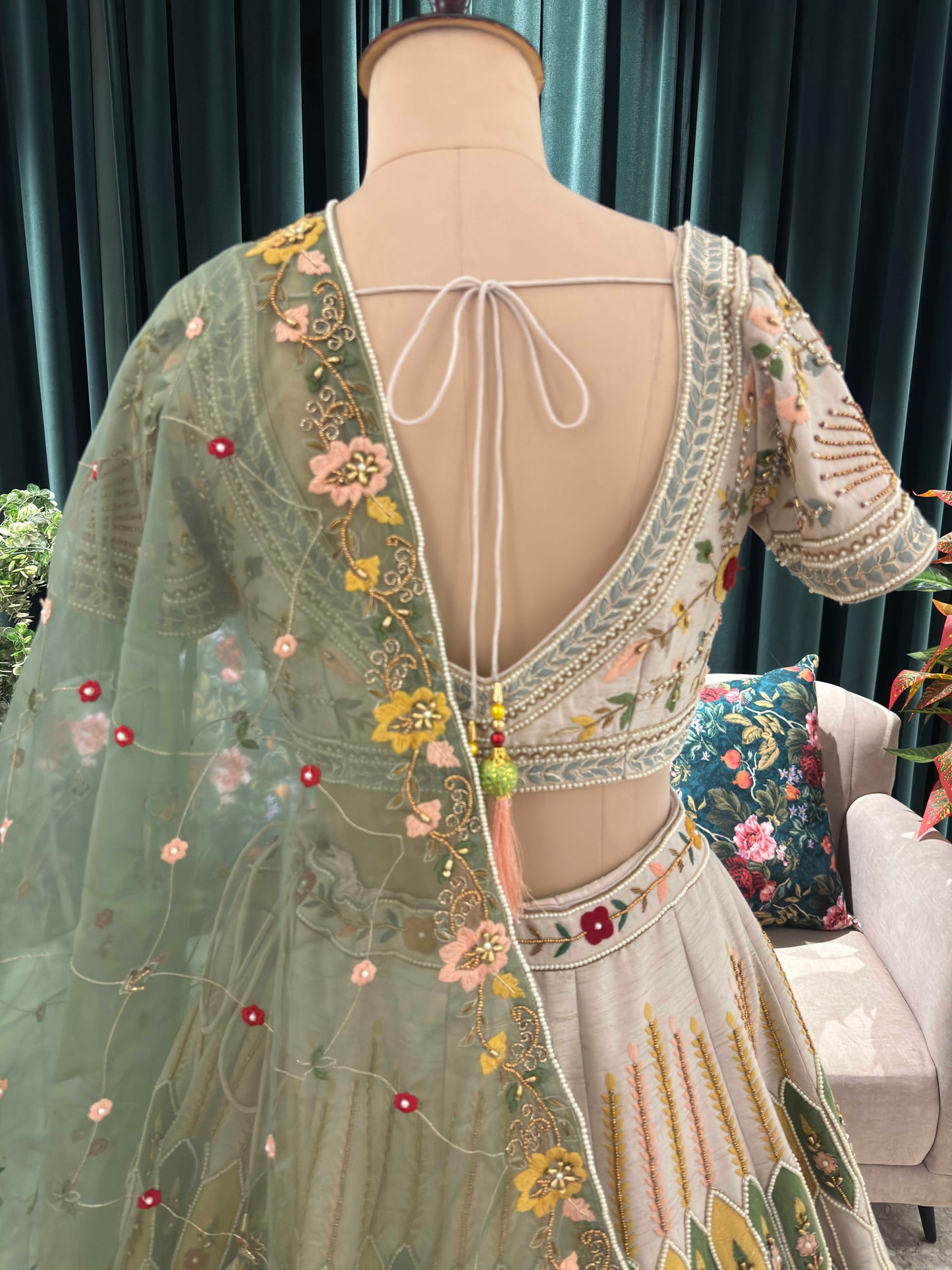 Ivory Multicolor Embroidered Lehenga with Mint Green Organza Dupatta