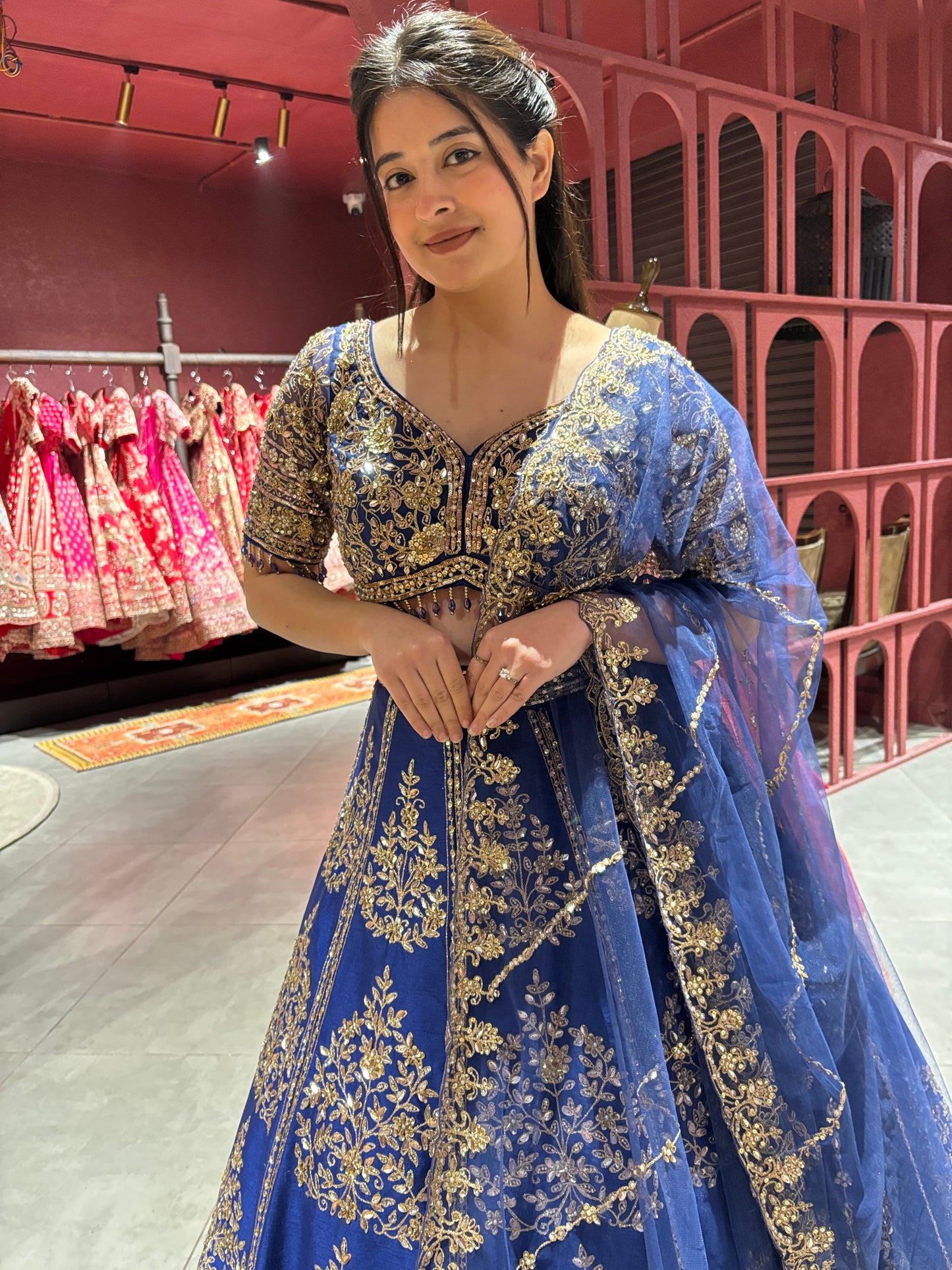 Royal Blue & Gold Embroidered Party Wear Lehenga with Net Dupatta