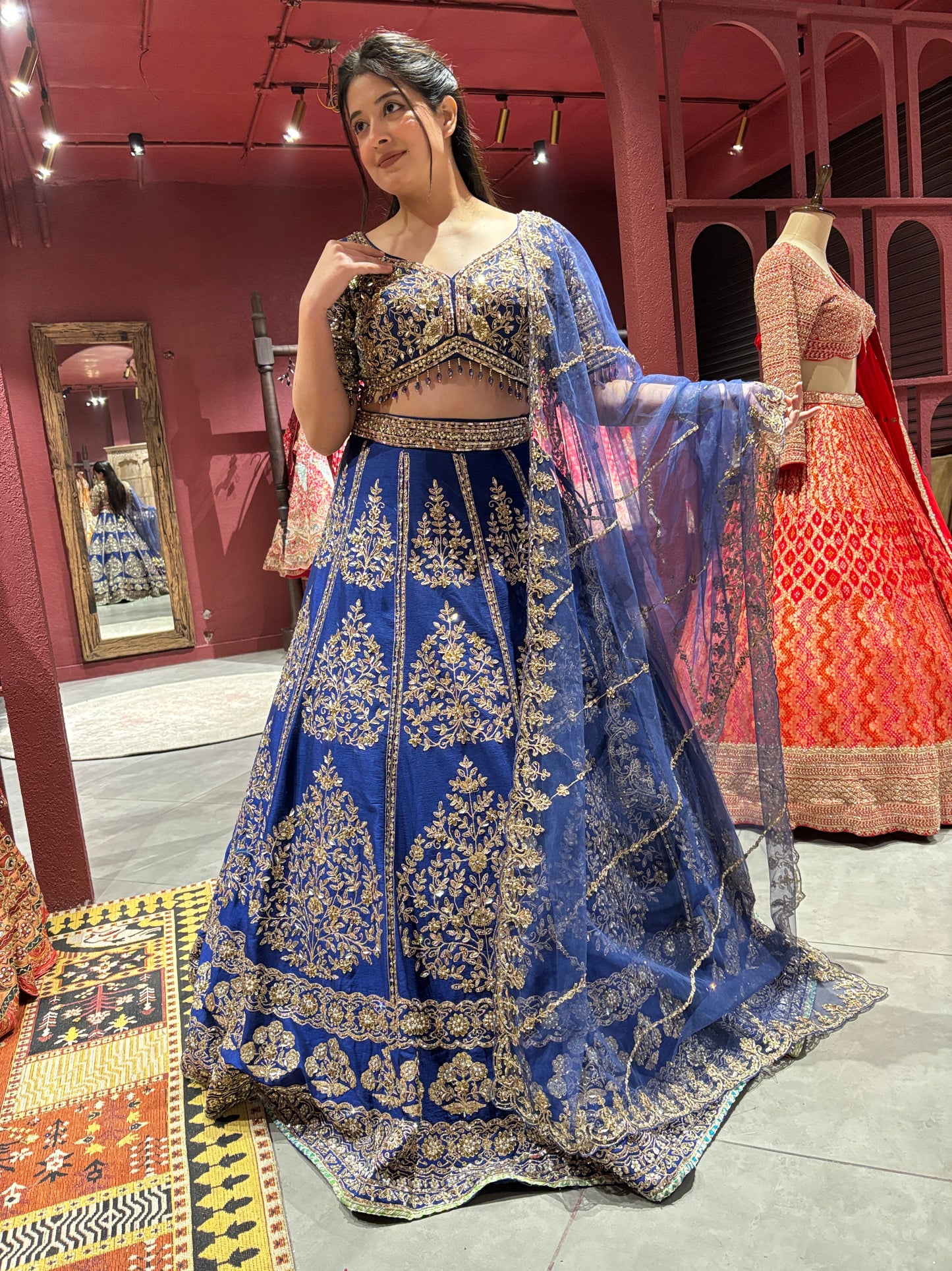 Royal Blue & Gold Embroidered Party Wear Lehenga with Net Dupatta