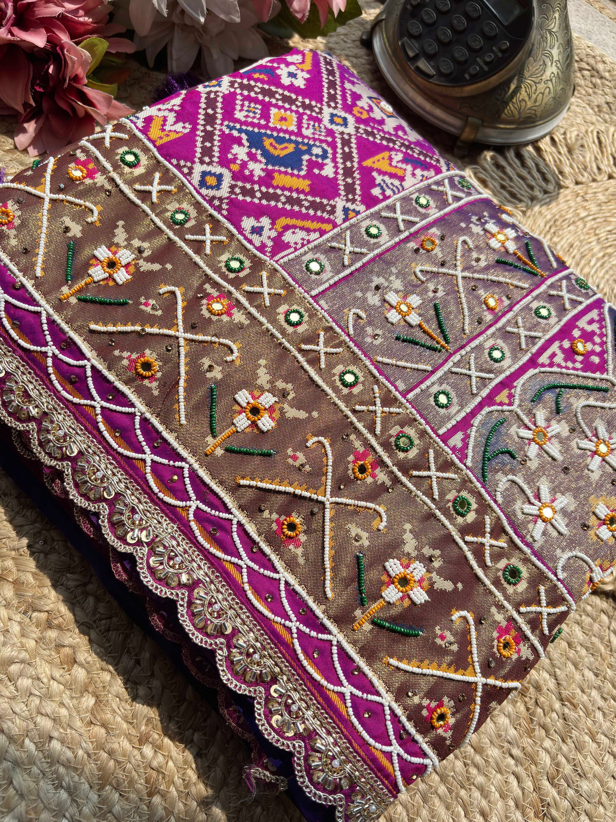 Magenta Patola Saree with Elephant Motifs & Embellished Border