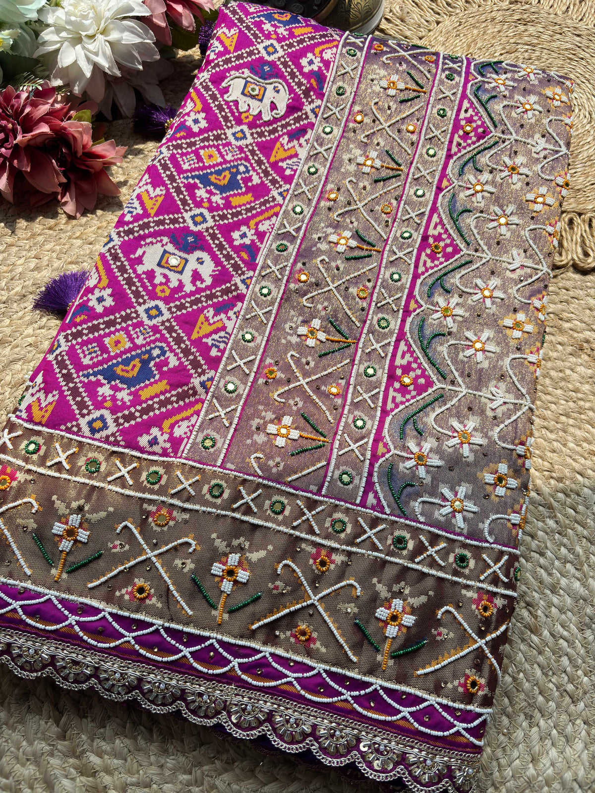 Magenta Patola Saree with Elephant Motifs & Embellished Border