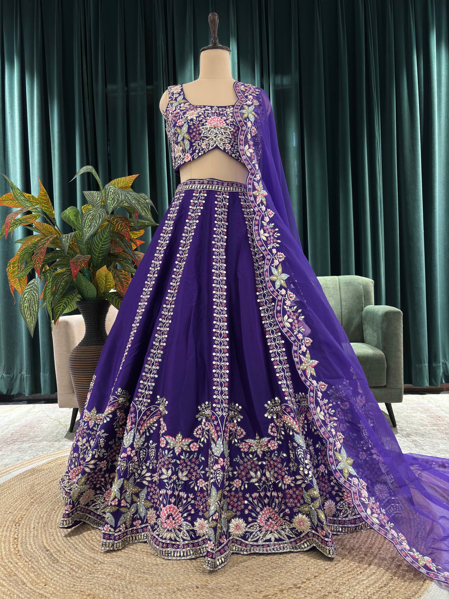 Purple Embroidered Lehenga with Floral Zari & Resham Accents