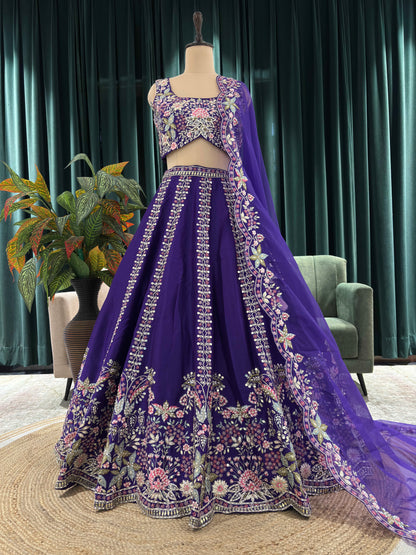 Purple Embroidered Lehenga with Floral Zari & Resham Accents
