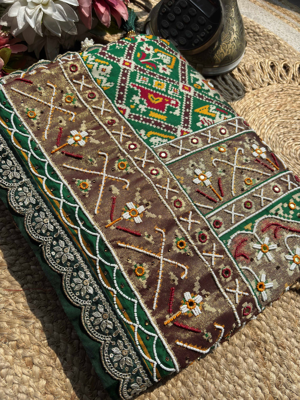 Green Patola Saree with Elephant Motifs & Floral Beadwork