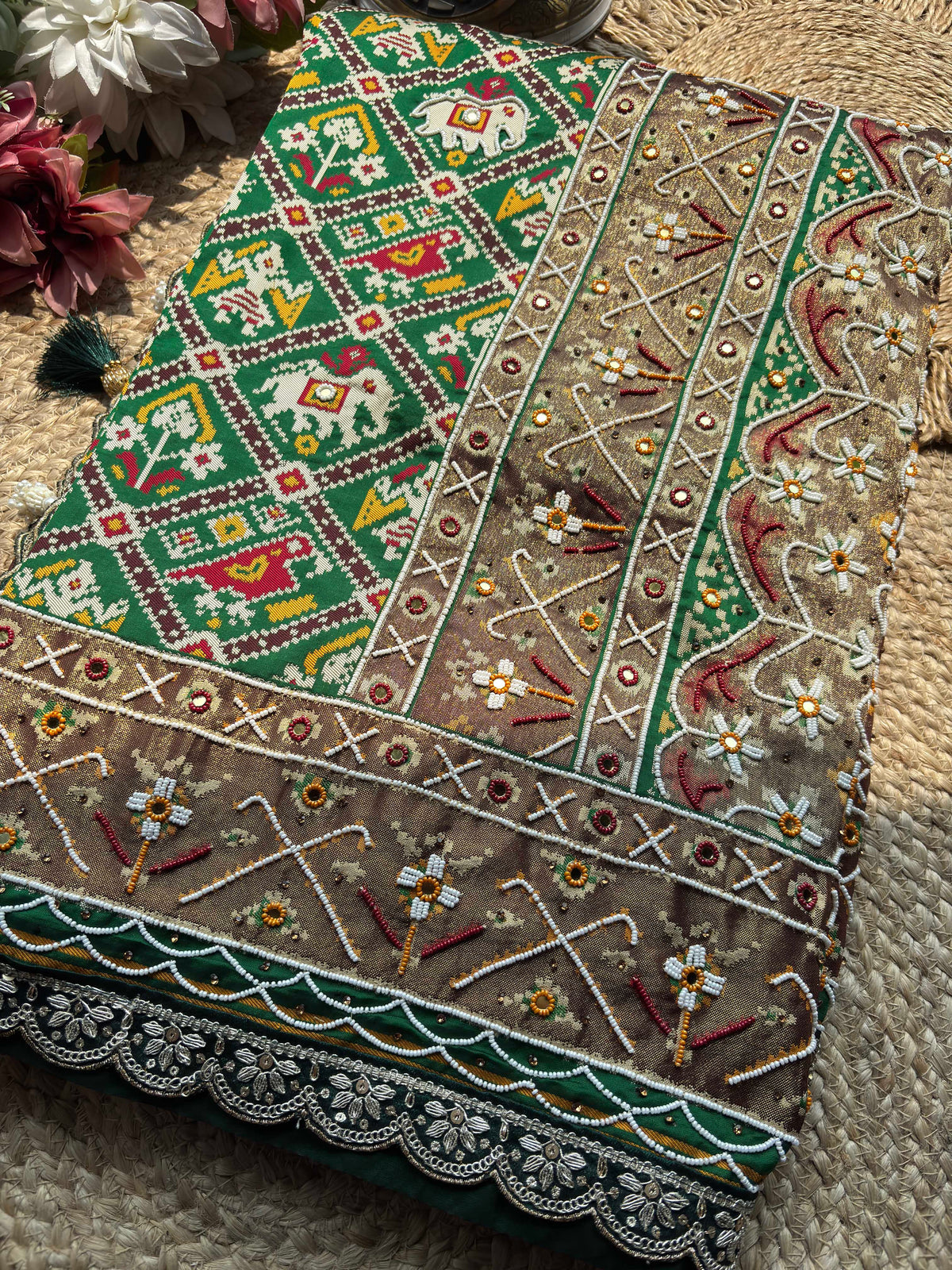 Green Patola Saree with Elephant Motifs & Floral Beadwork
