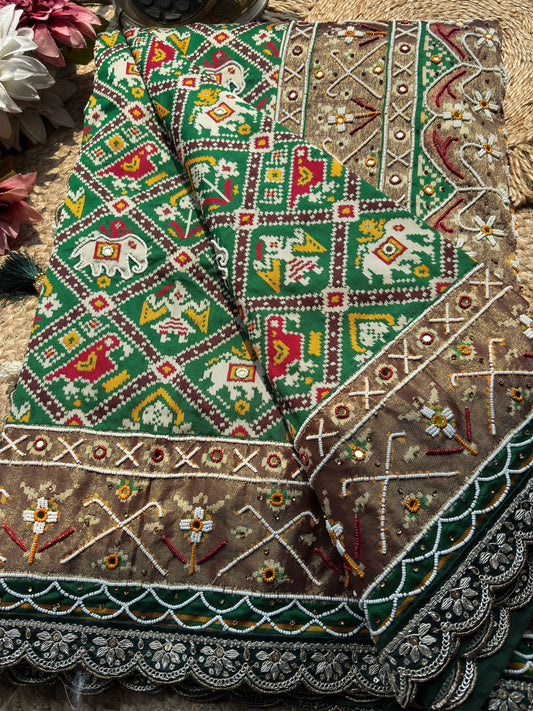 Green Patola Saree with Elephant Motifs & Floral Beadwork
