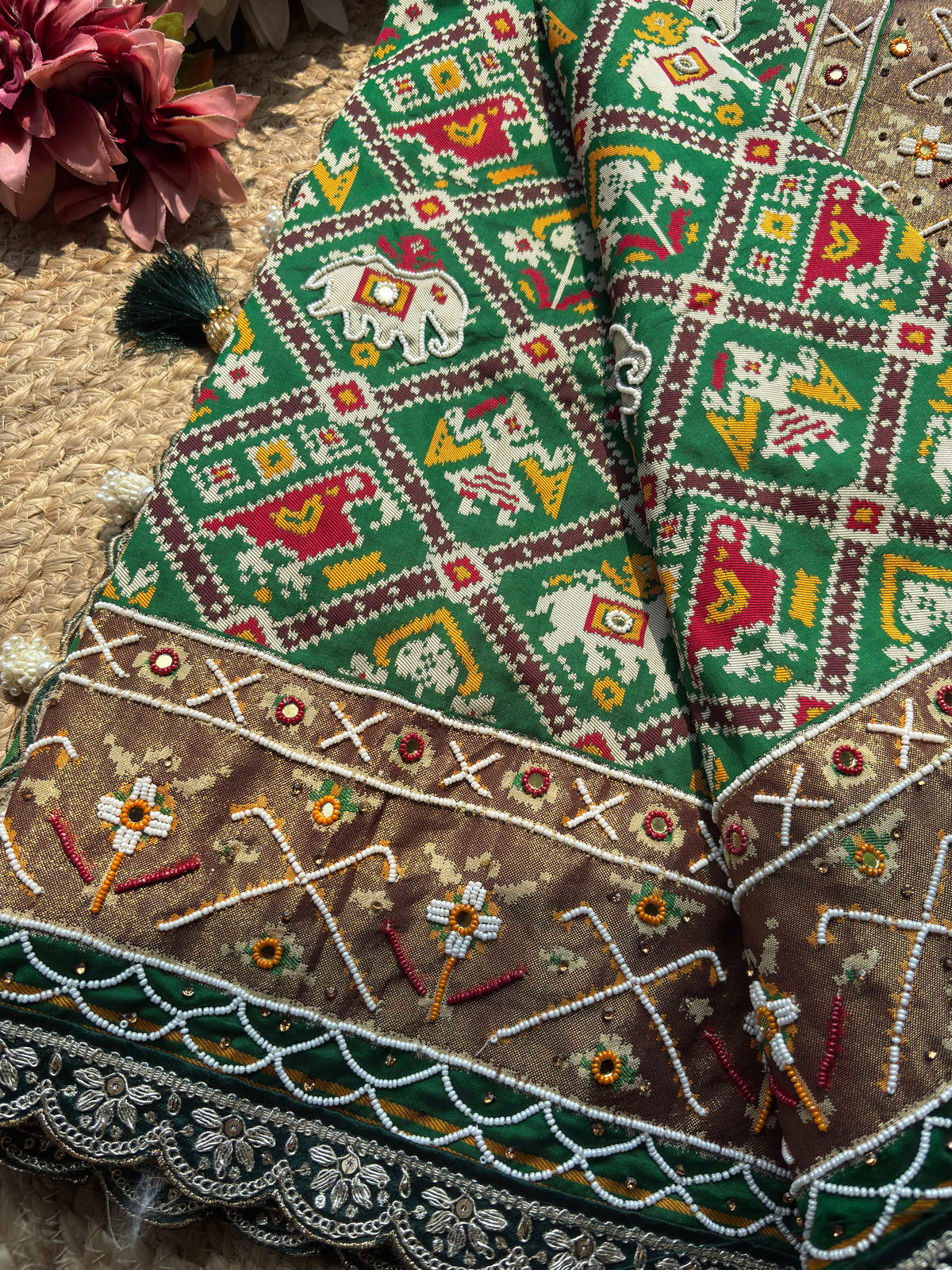 Green Patola Saree with Elephant Motifs & Floral Beadwork