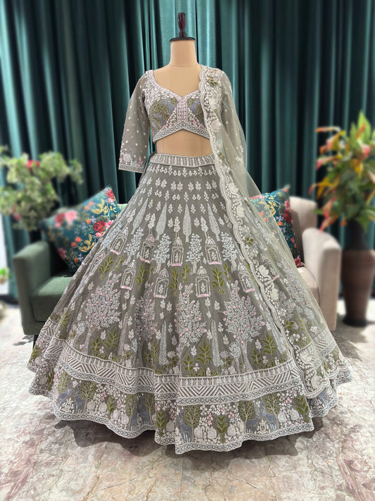 Dusty Grey Multicolor Embroidered Lehenga with Net Dupatta
