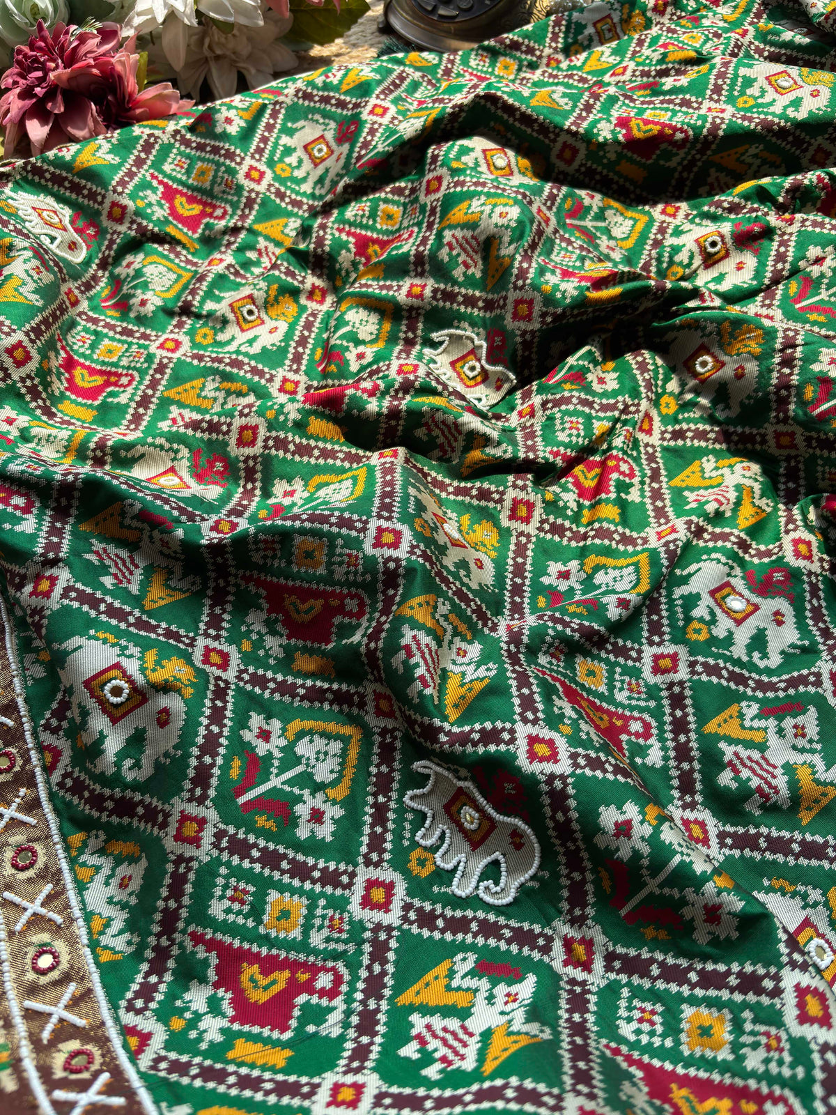 Green Patola Saree with Elephant Motifs & Floral Beadwork
