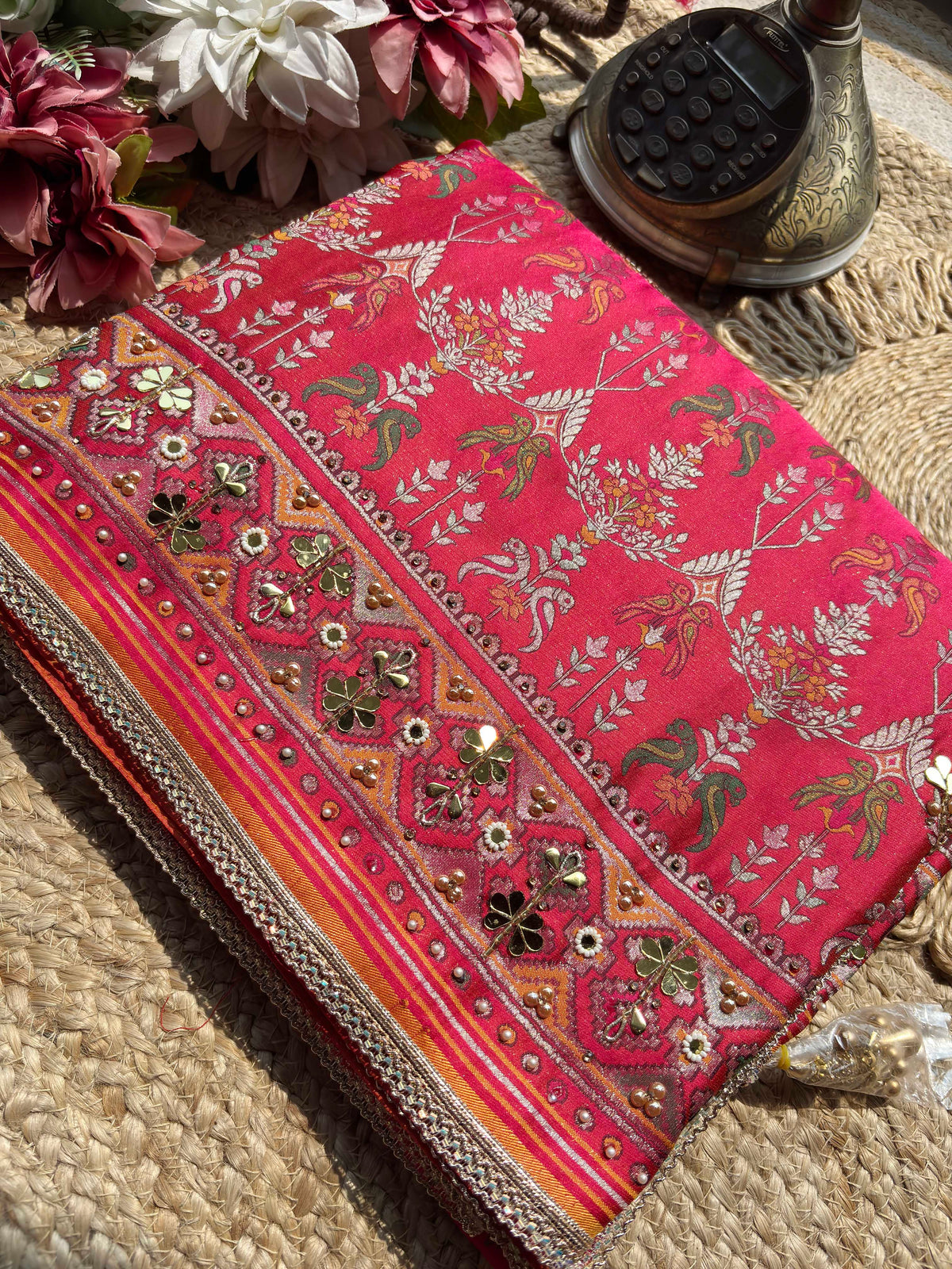 Rani Pink Printed Patola Saree with Mirror & Pearl Embellishments