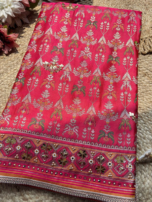 Rani Pink Printed Patola Saree with Mirror & Pearl Embellishments
