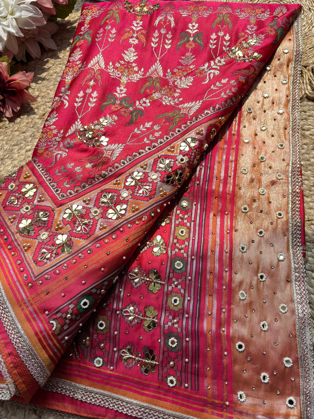 Rani Pink Printed Patola Saree with Mirror & Pearl Embellishments
