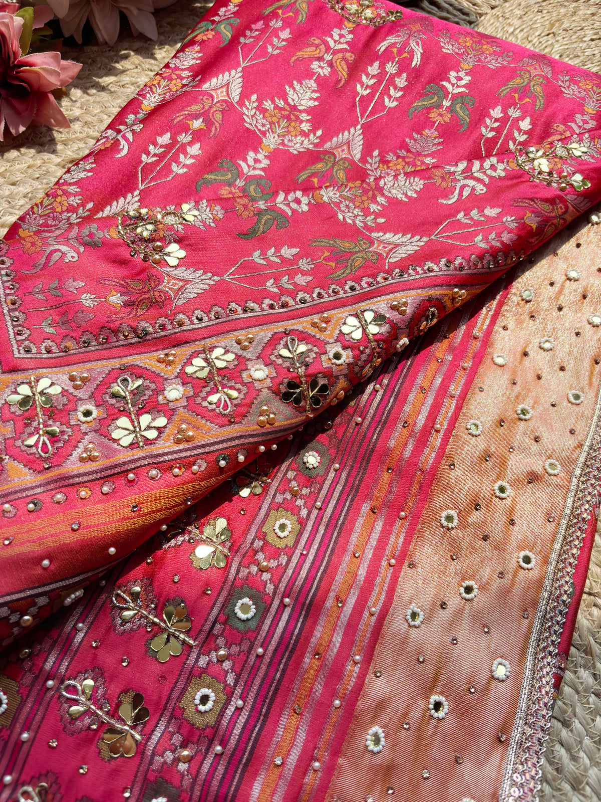Rani Pink Printed Patola Saree with Mirror & Pearl Embellishments