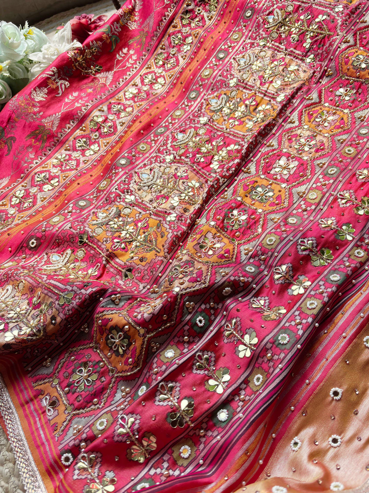 Rani Pink Printed Patola Saree with Mirror & Pearl Embellishments