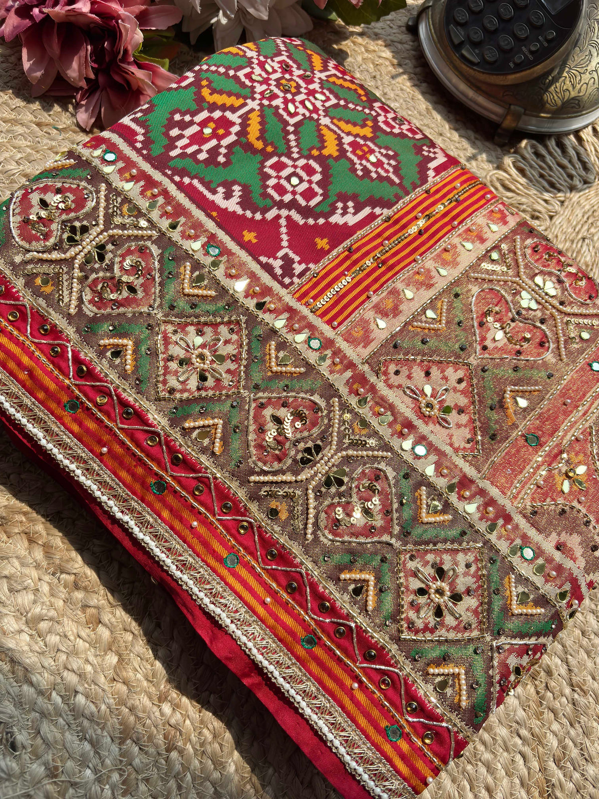 Maroon Green Patola Saree with Mirror & Pearl Embellished Border