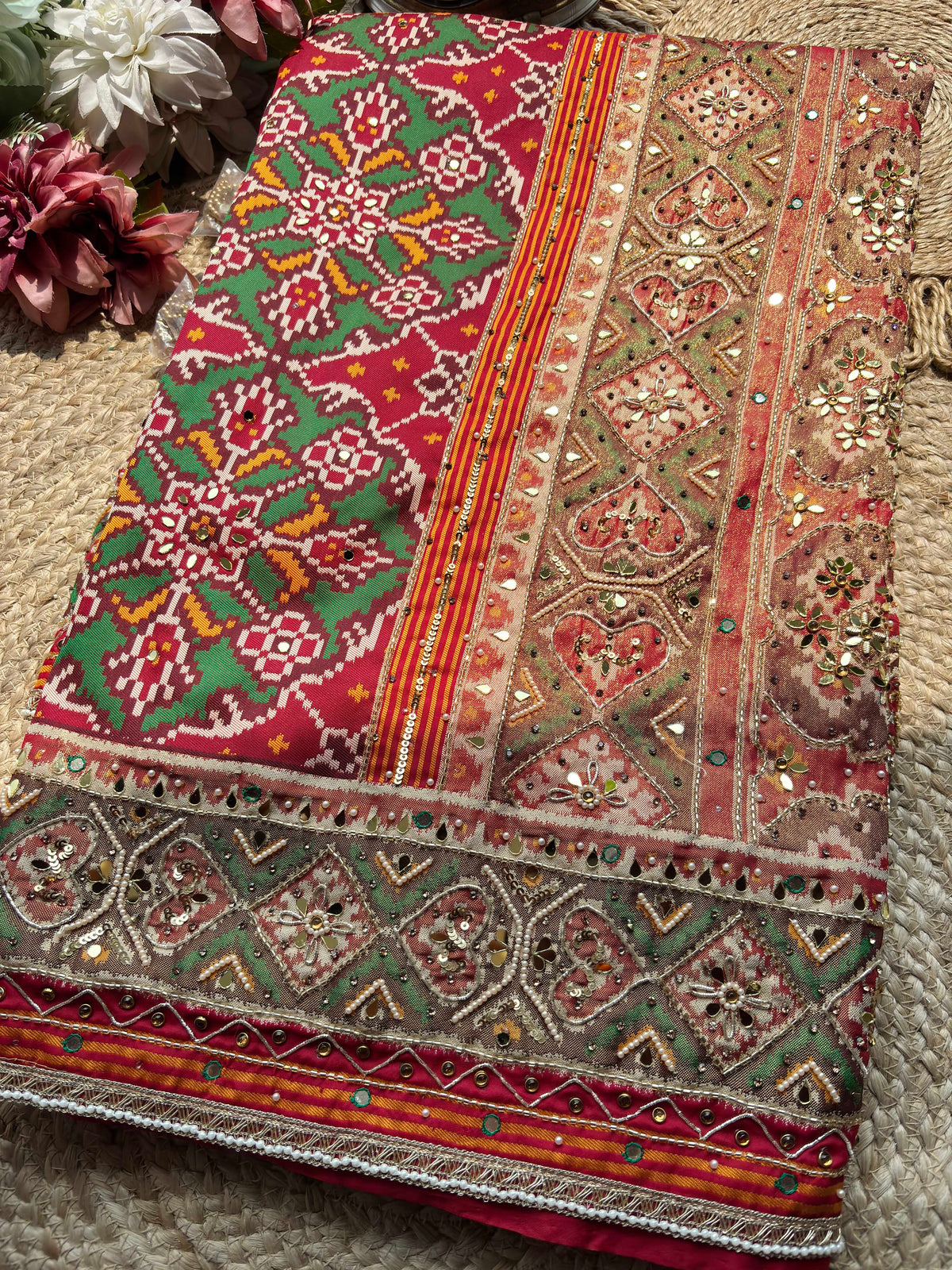Maroon Green Patola Saree with Mirror & Pearl Embellished Border