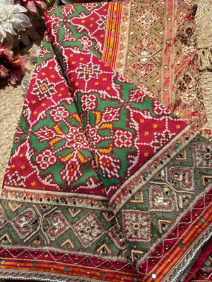 Maroon Green Patola Saree with Mirror & Pearl Embellished Border