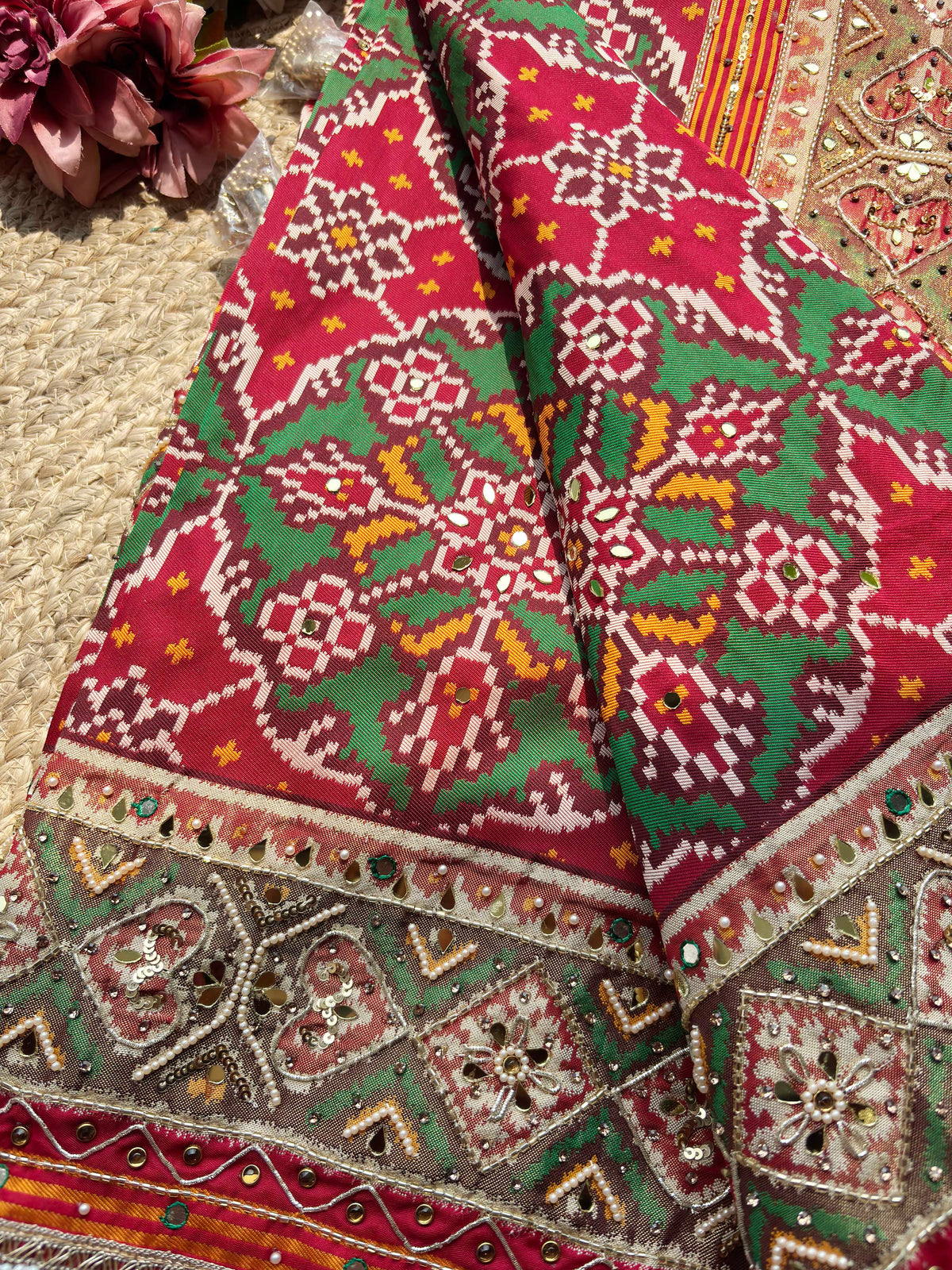 Maroon Green Patola Saree with Mirror & Pearl Embellished Border