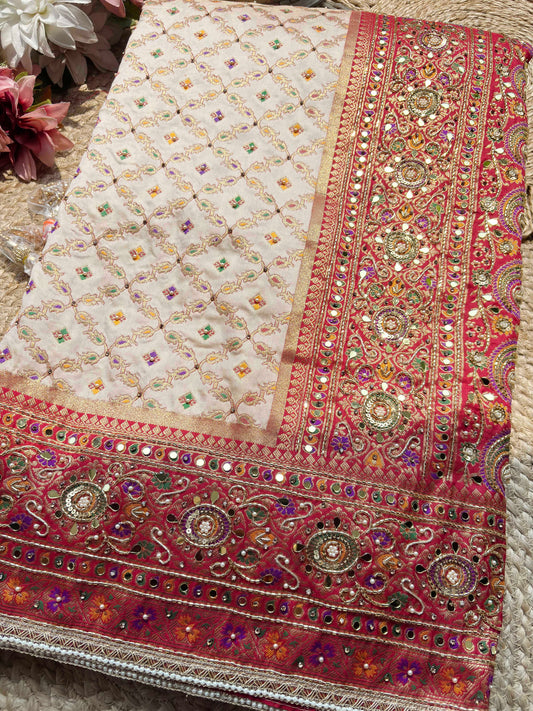 Ivory Saree with Red Mirror Work & Embellished Designer Border