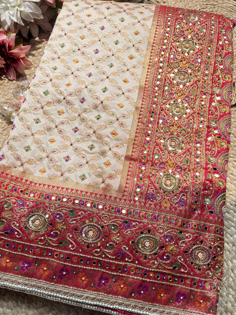 Ivory Saree with Red Mirror Work & Embellished Designer Border