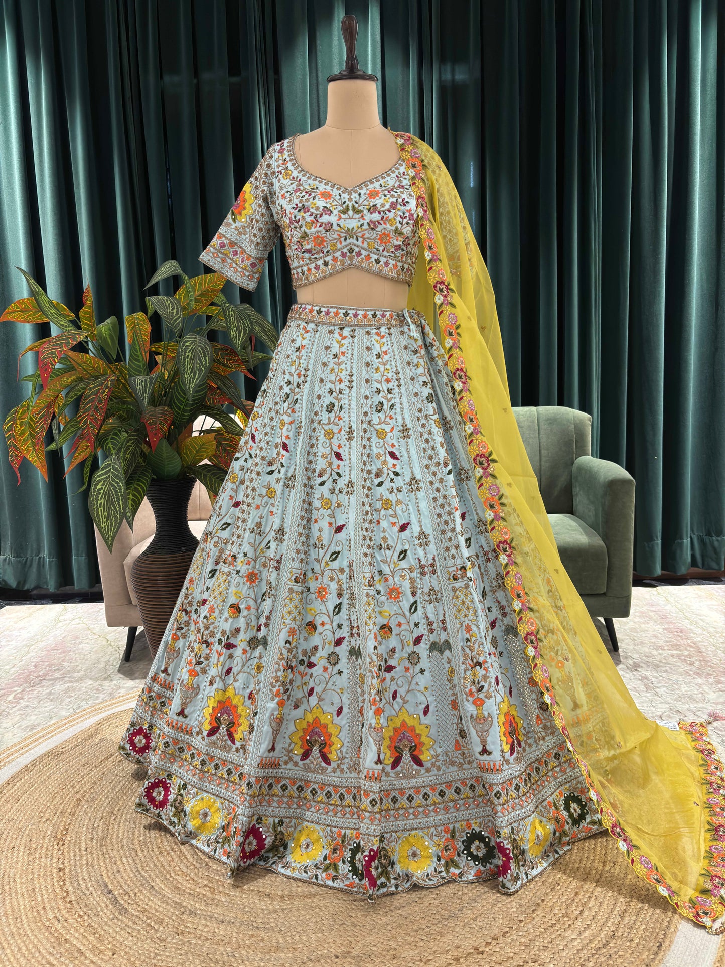 Designer Lehenga Set Thread Sequins Work with Marigold Dupatta