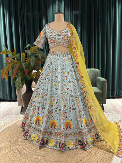 Designer Lehenga Set Thread Sequins Work with Marigold Dupatta