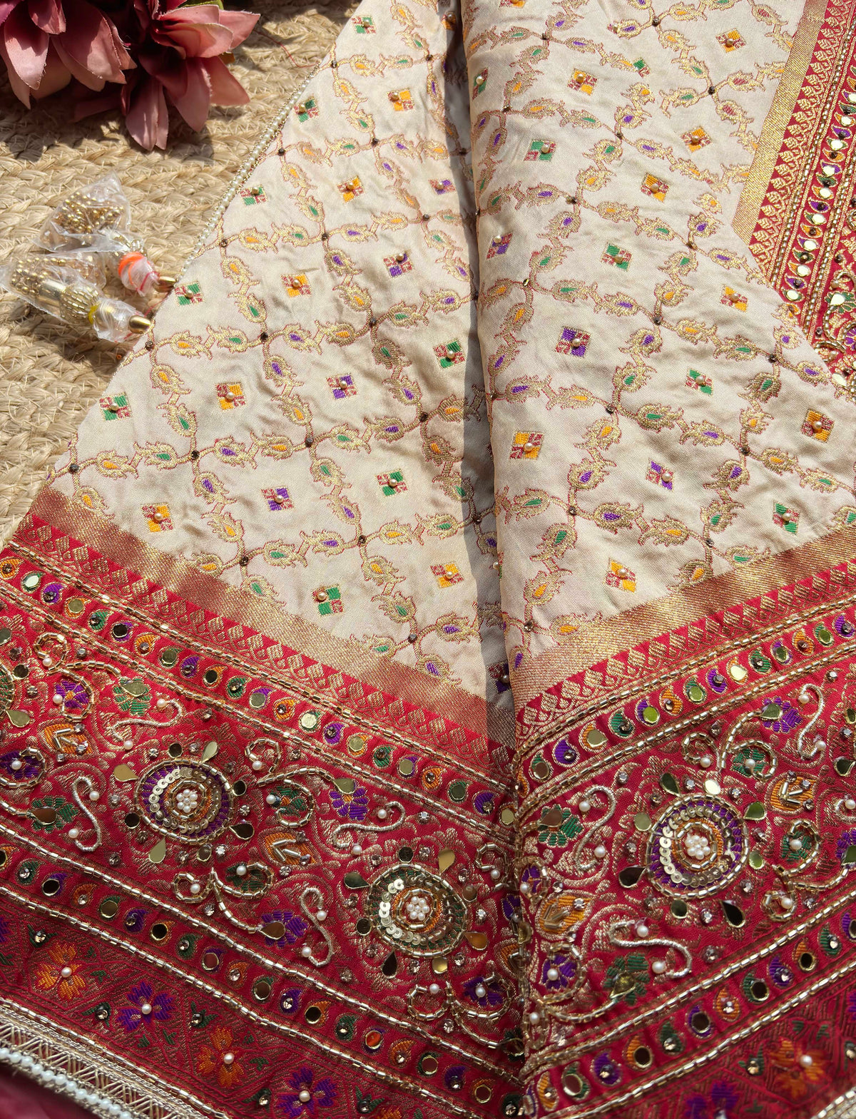 Ivory Saree with Red Mirror Work & Embellished Designer Border