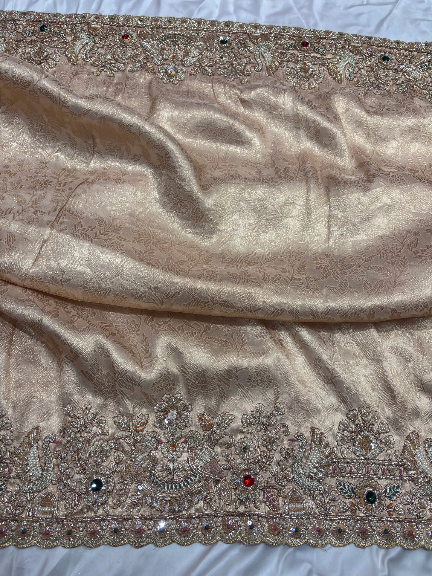 Golden Silk Saree with Ornate Bird Embroidery