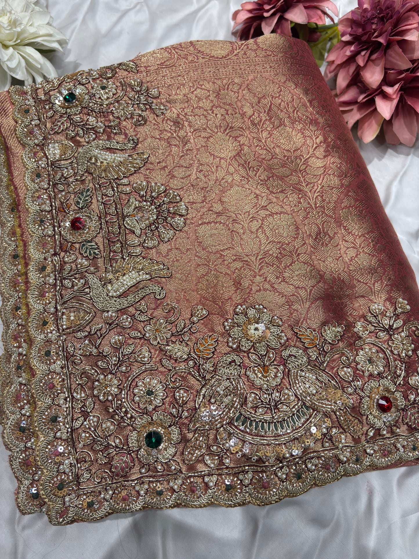 Peach Silk Saree with Ornate Bird Embroidery