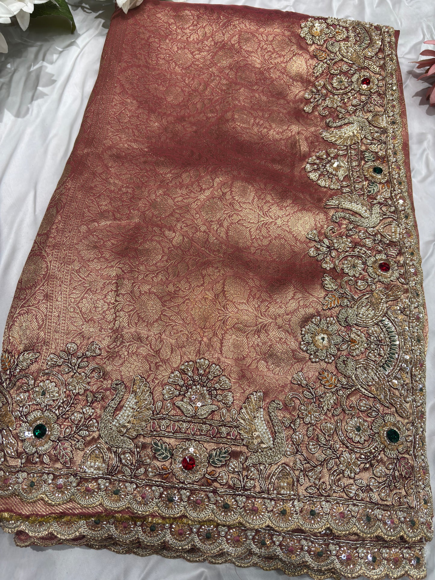 Peach Silk Saree with Ornate Bird Embroidery