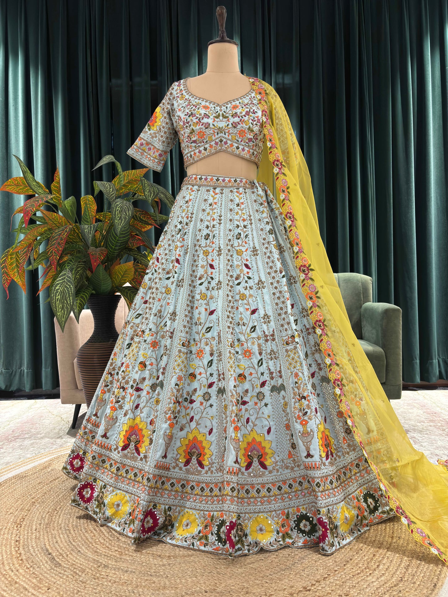 Designer Lehenga Set Thread Sequins Work with Marigold Dupatta
