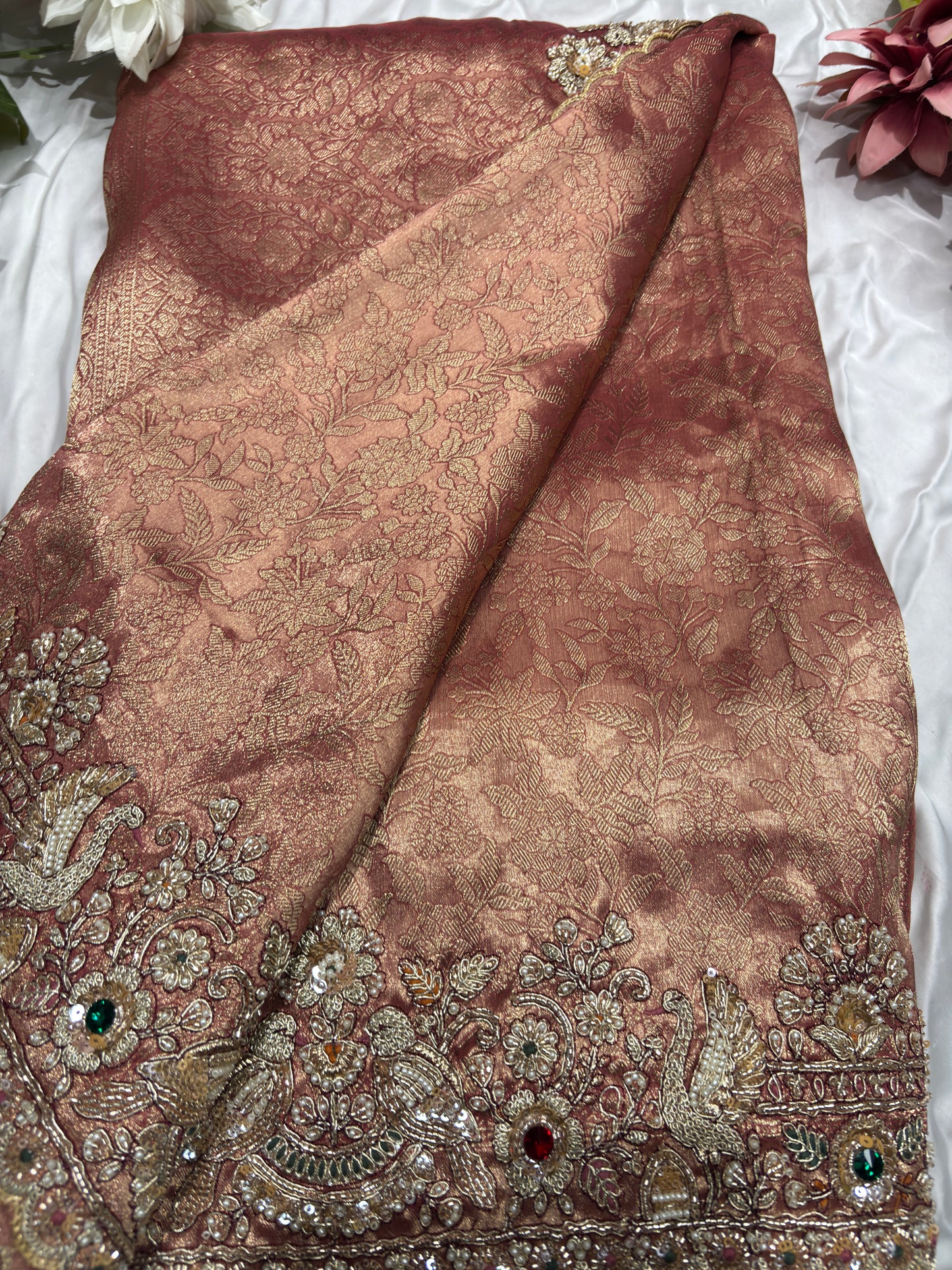 Peach Silk Saree with Ornate Bird Embroidery