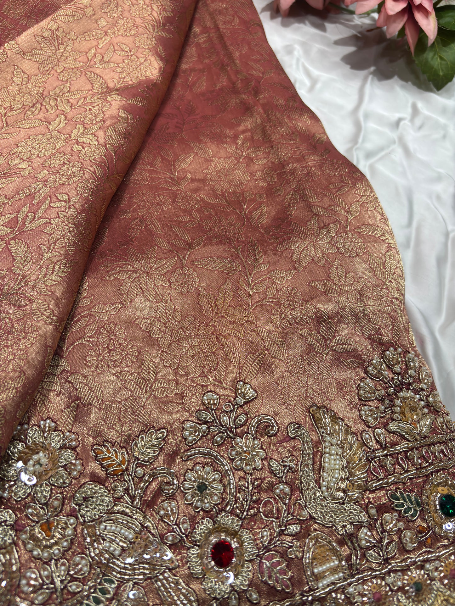 Peach Silk Saree with Ornate Bird Embroidery