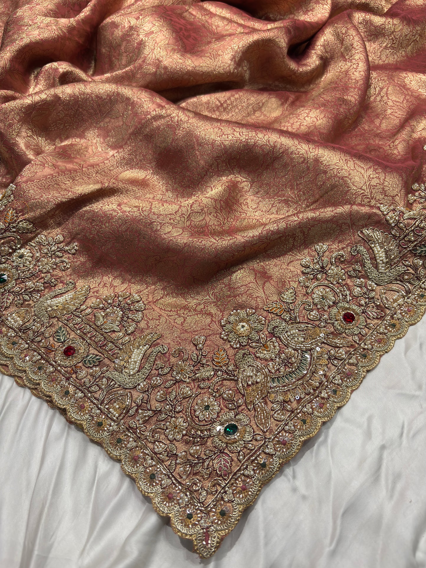 Peach Silk Saree with Ornate Bird Embroidery