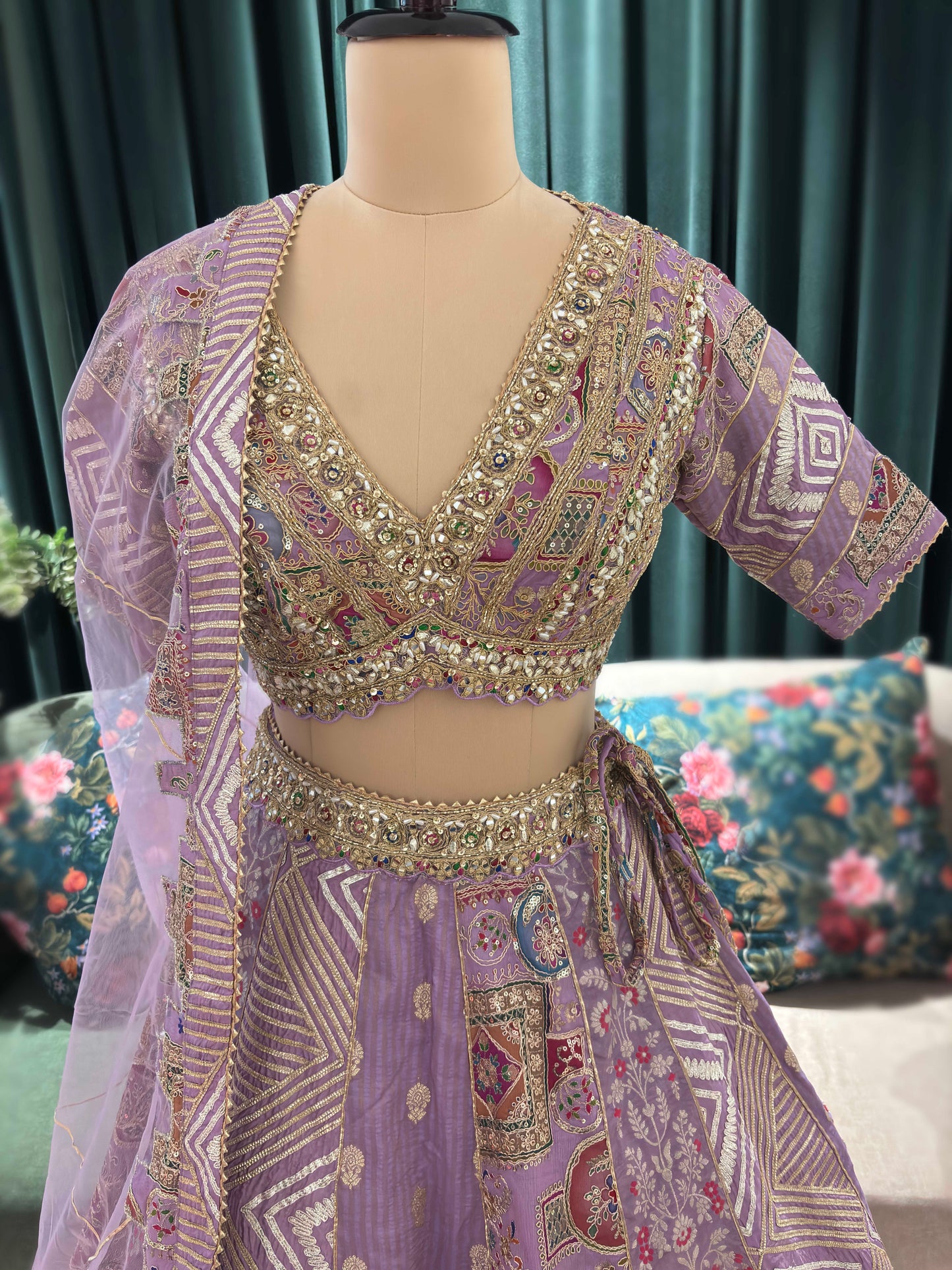 Embroidered Lehenga with Intricate Geometric and Floral Motifs