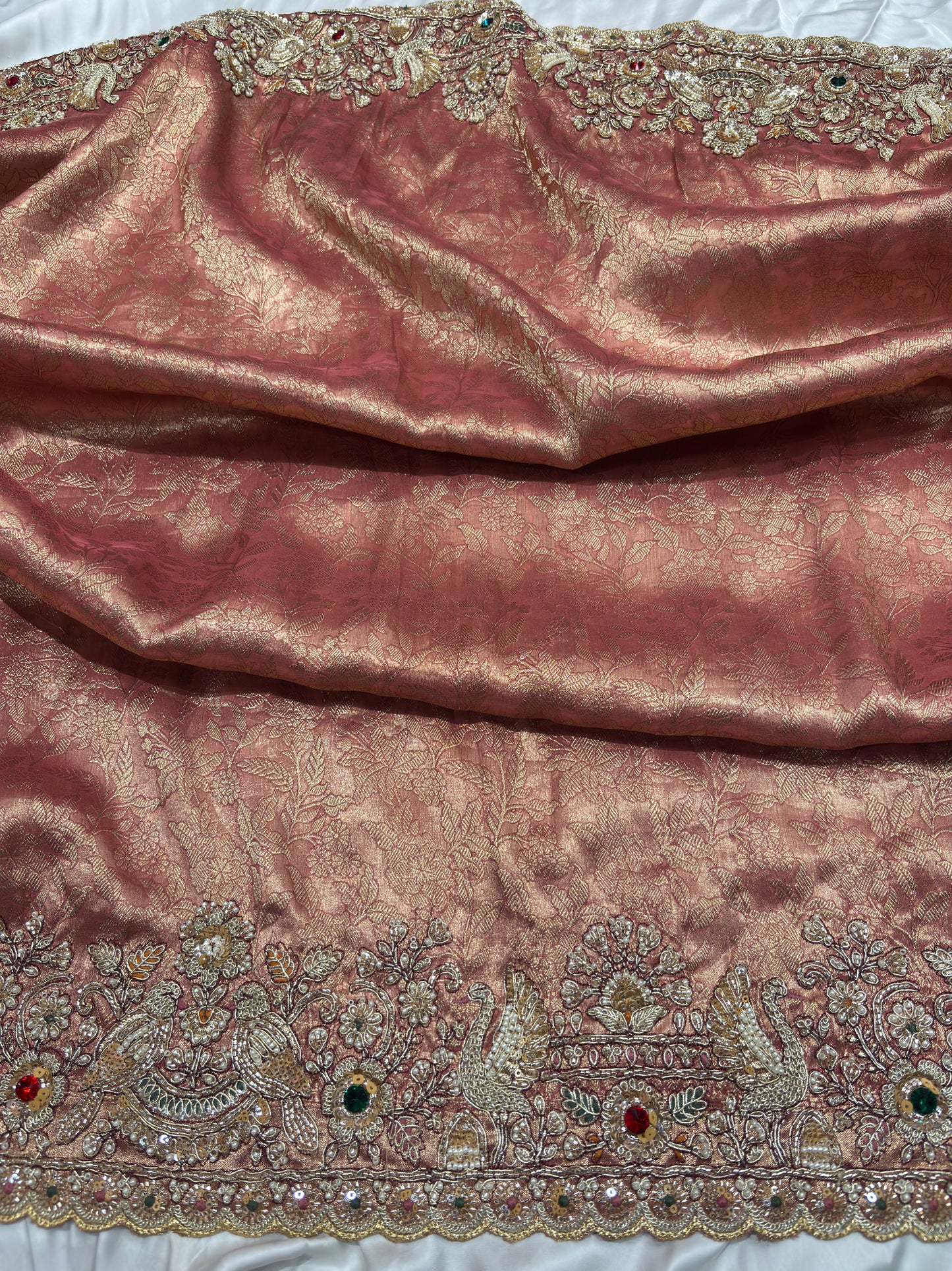 Peach Silk Saree with Ornate Bird Embroidery