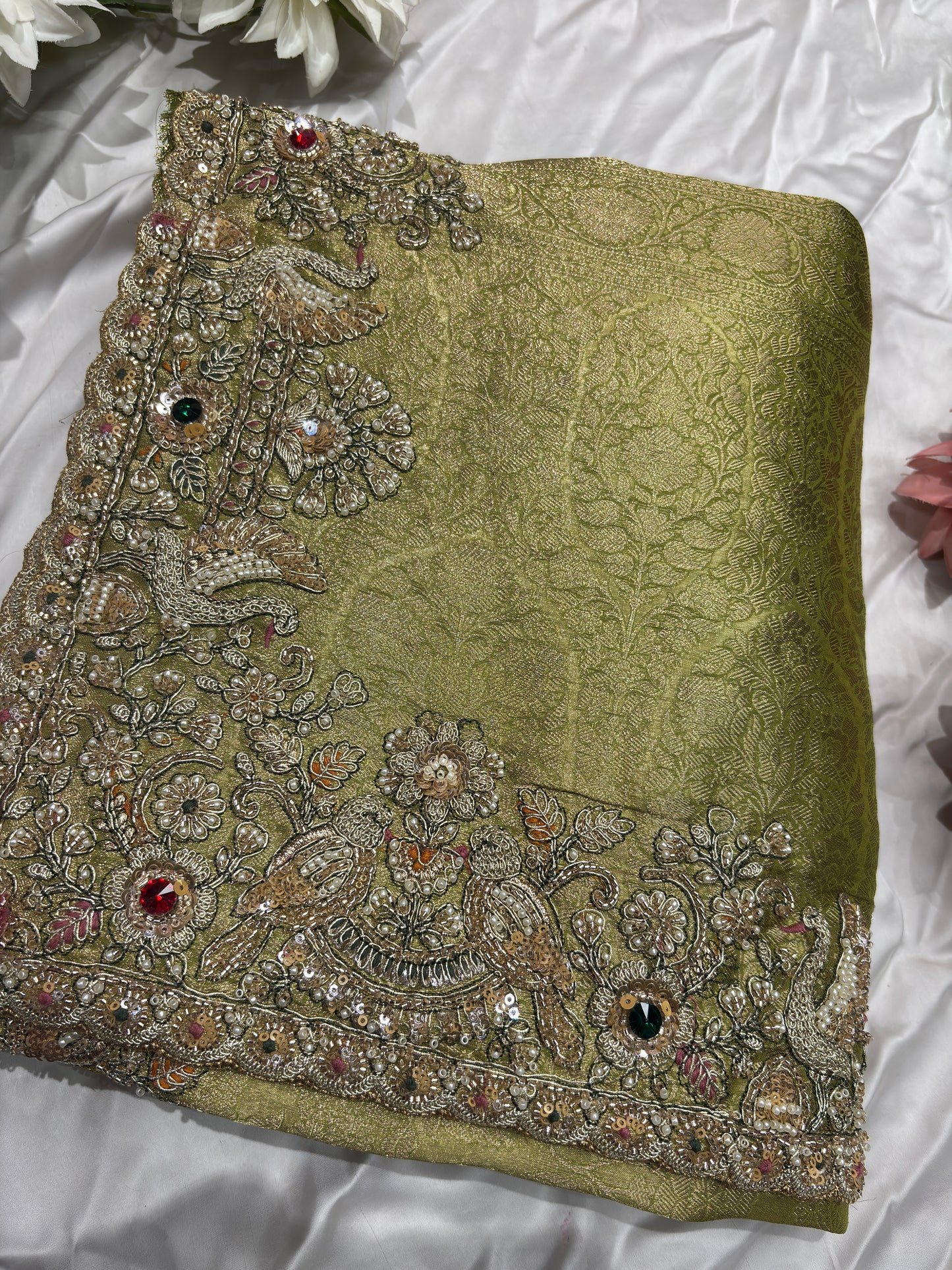 Green Silk Saree with Ornate Bird Embroidery