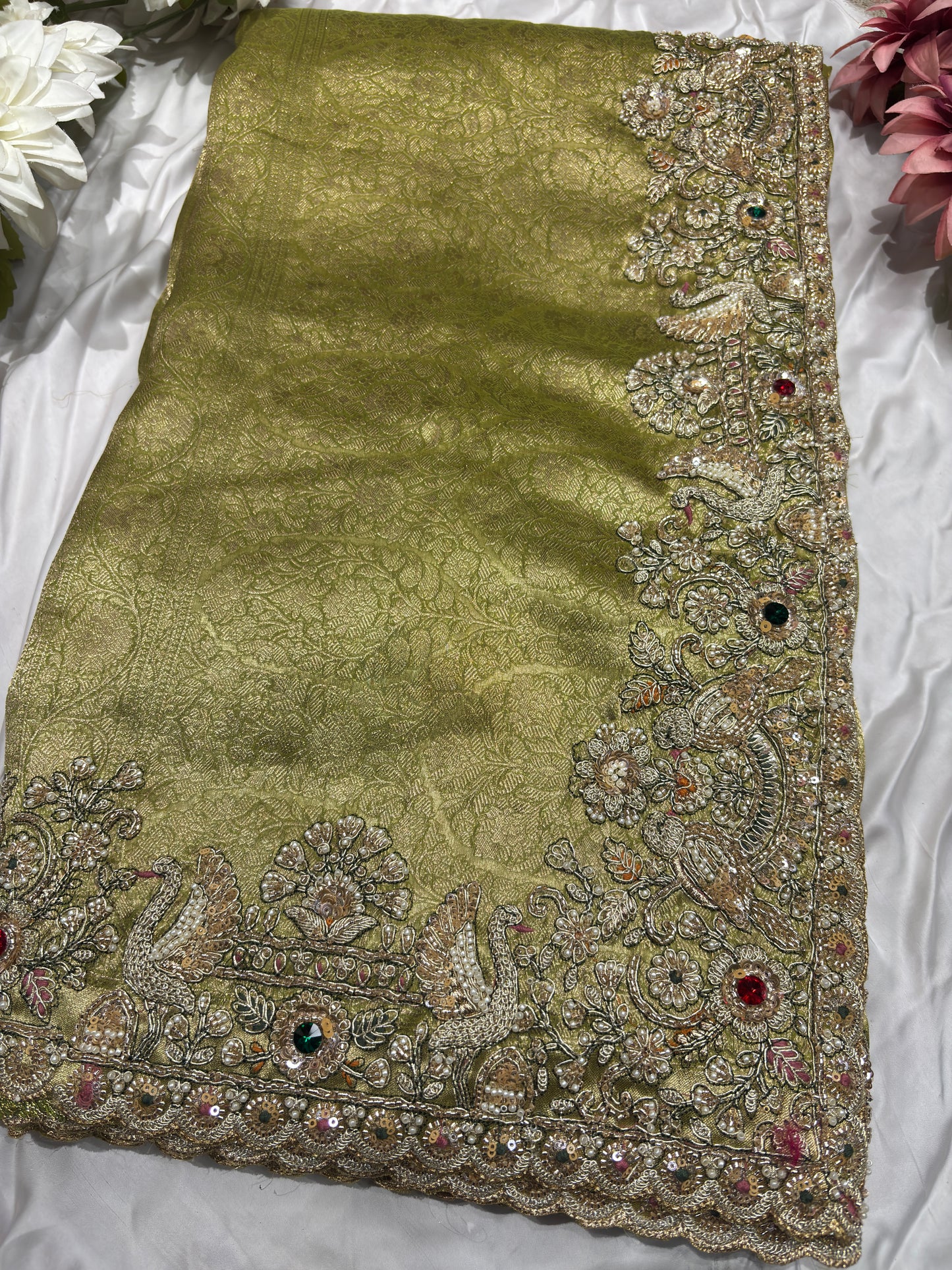 Green Silk Saree with Ornate Bird Embroidery