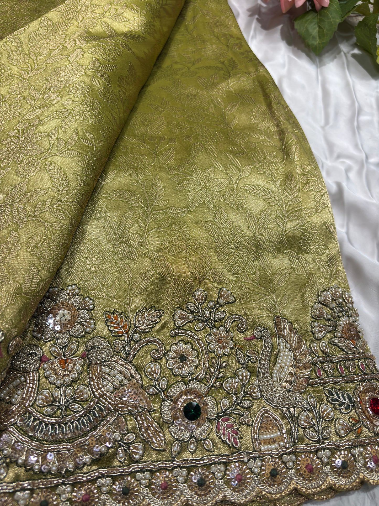 Green Silk Saree with Ornate Bird Embroidery