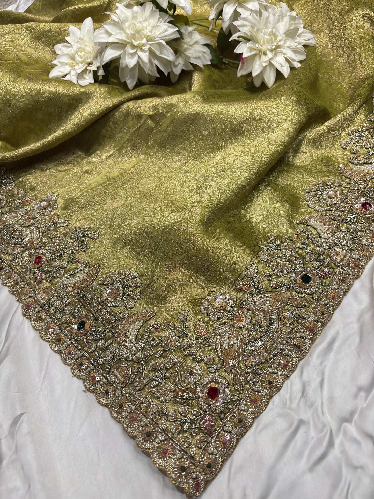 Green Silk Saree with Ornate Bird Embroidery