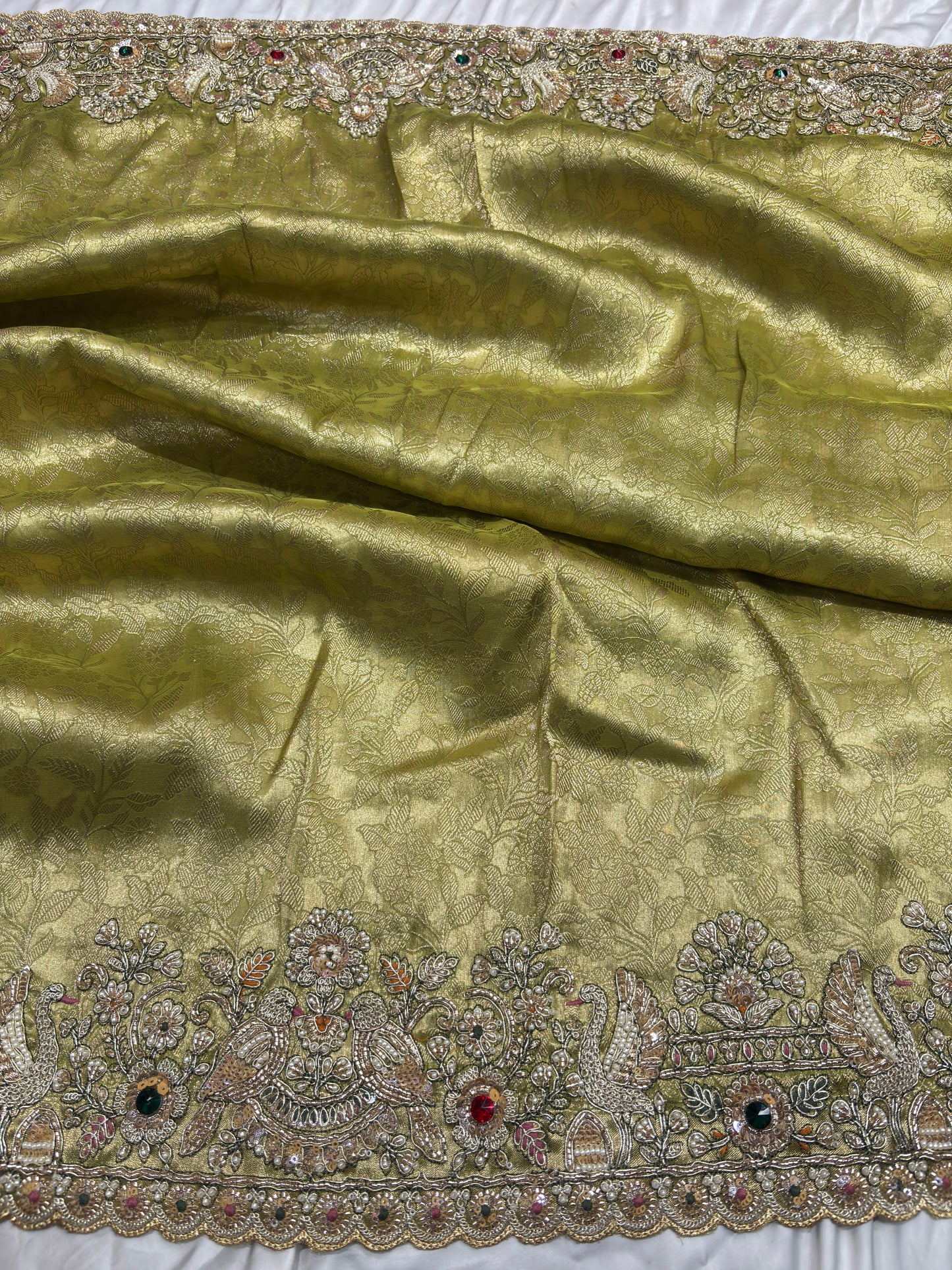 Green Silk Saree with Ornate Bird Embroidery