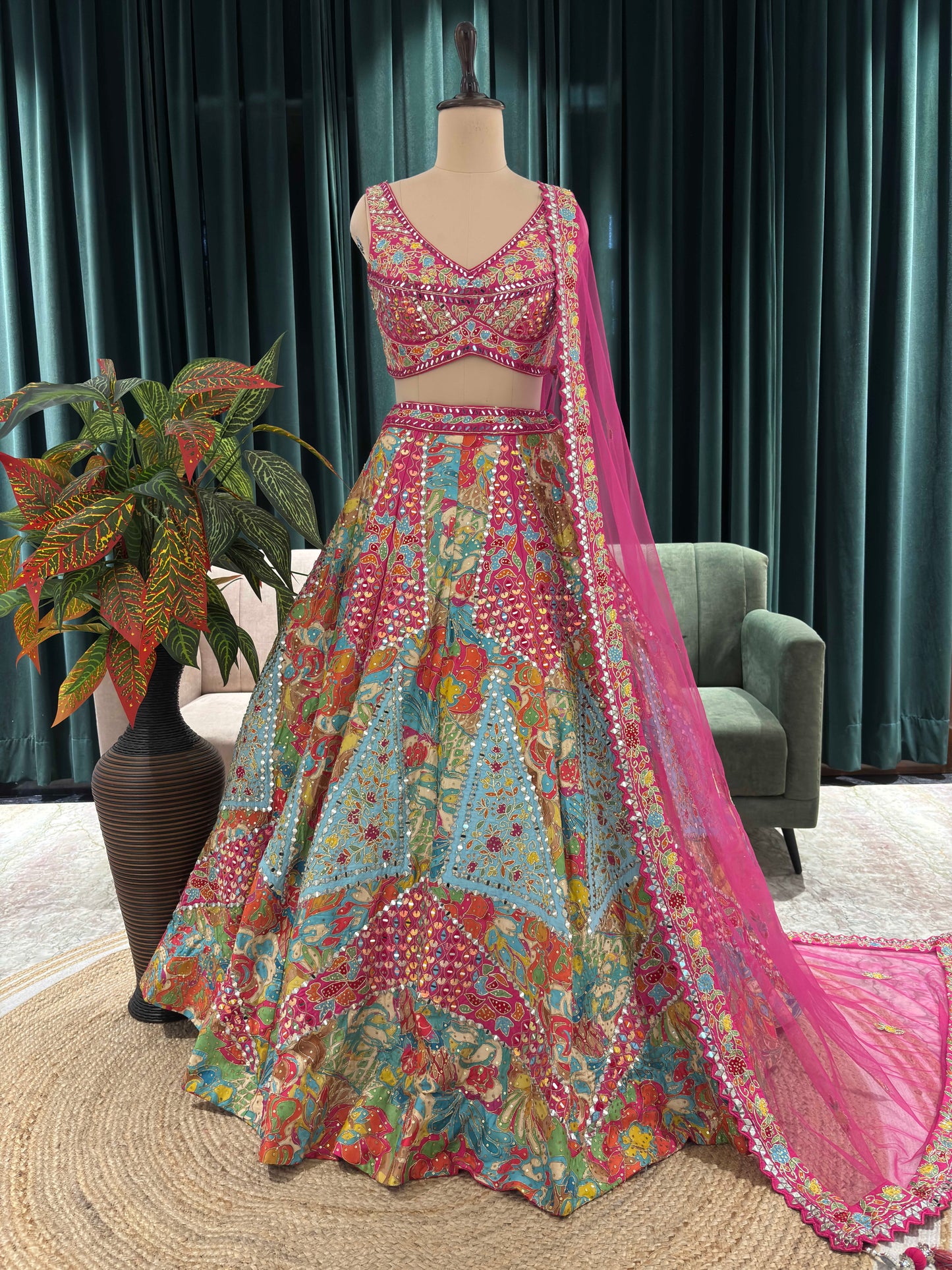 Multicolor Floral Geometric Lehenga Set with Sheer Pink Dupatta