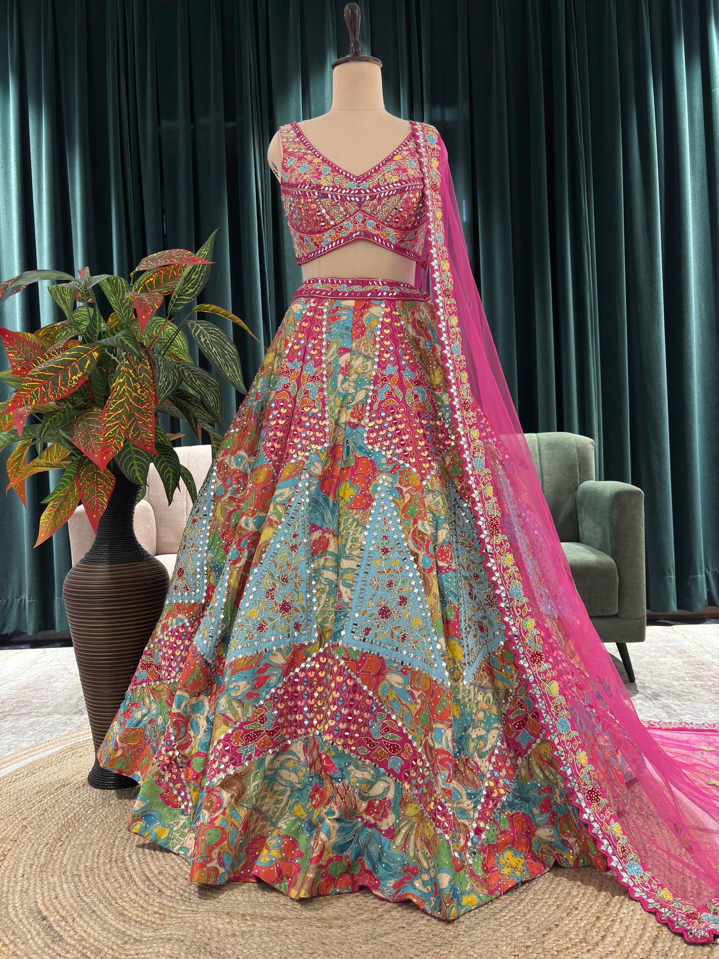 Multicolor Floral Geometric Lehenga Set with Sheer Pink Dupatta