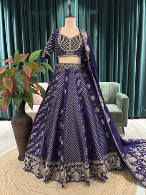 Navy Blue Embroidered Silk Lehenga Choli Set for Wedding